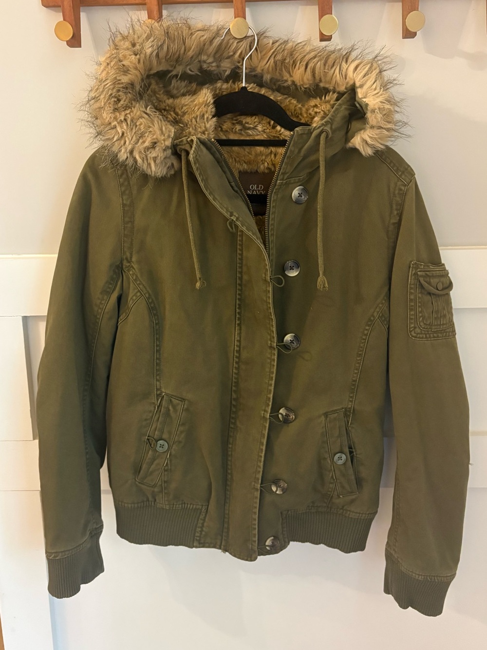 Vintage y2k Old Navy Olive Green Utility Jacket with Faux-Fur Hood